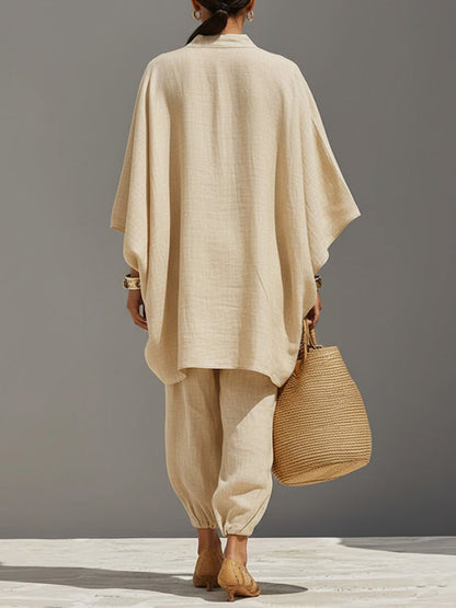 🎁New Arrivals🔥Women's Solid-Color V-Neck Long-Sleeve Relaxed-Fit Cotton-Linen Set
