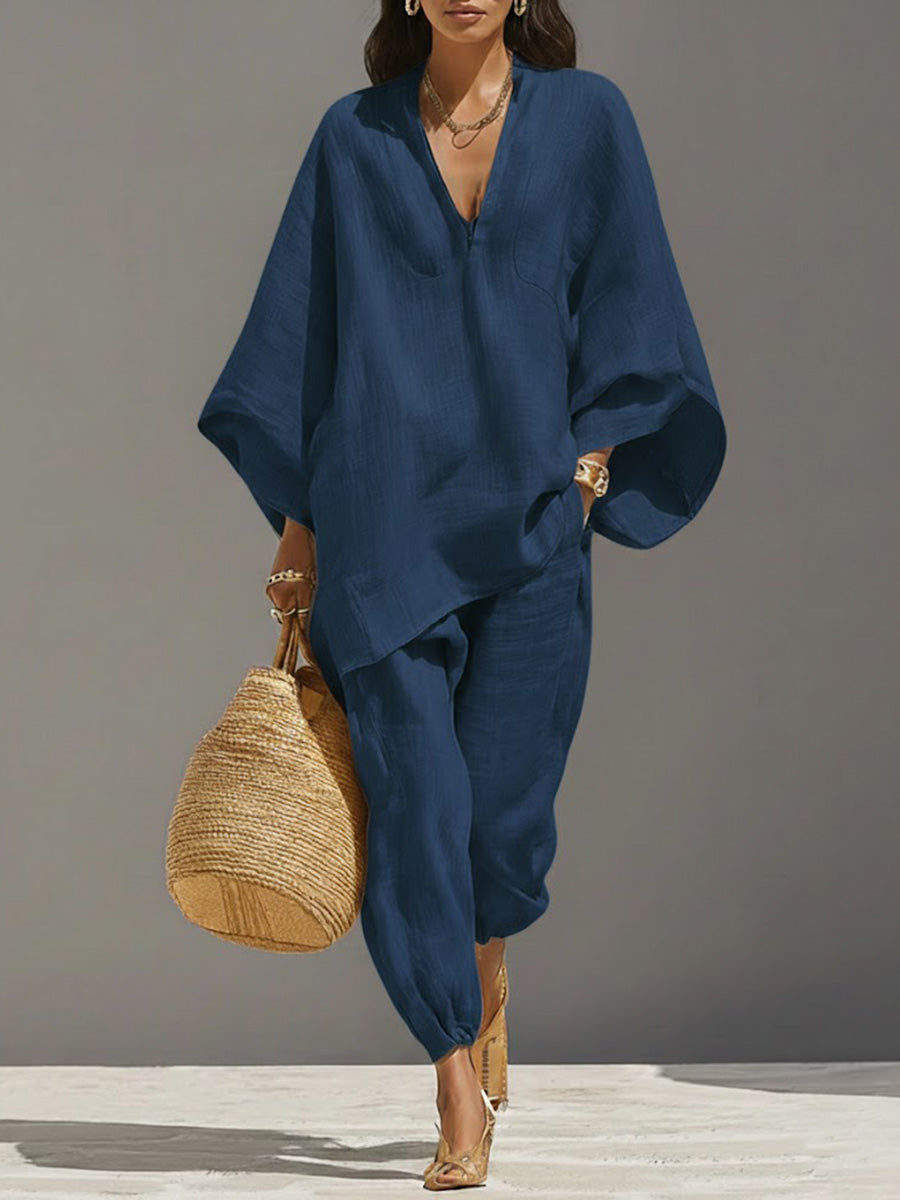 🎁New Arrivals🔥Women's Solid-Color V-Neck Long-Sleeve Relaxed-Fit Cotton-Linen Set