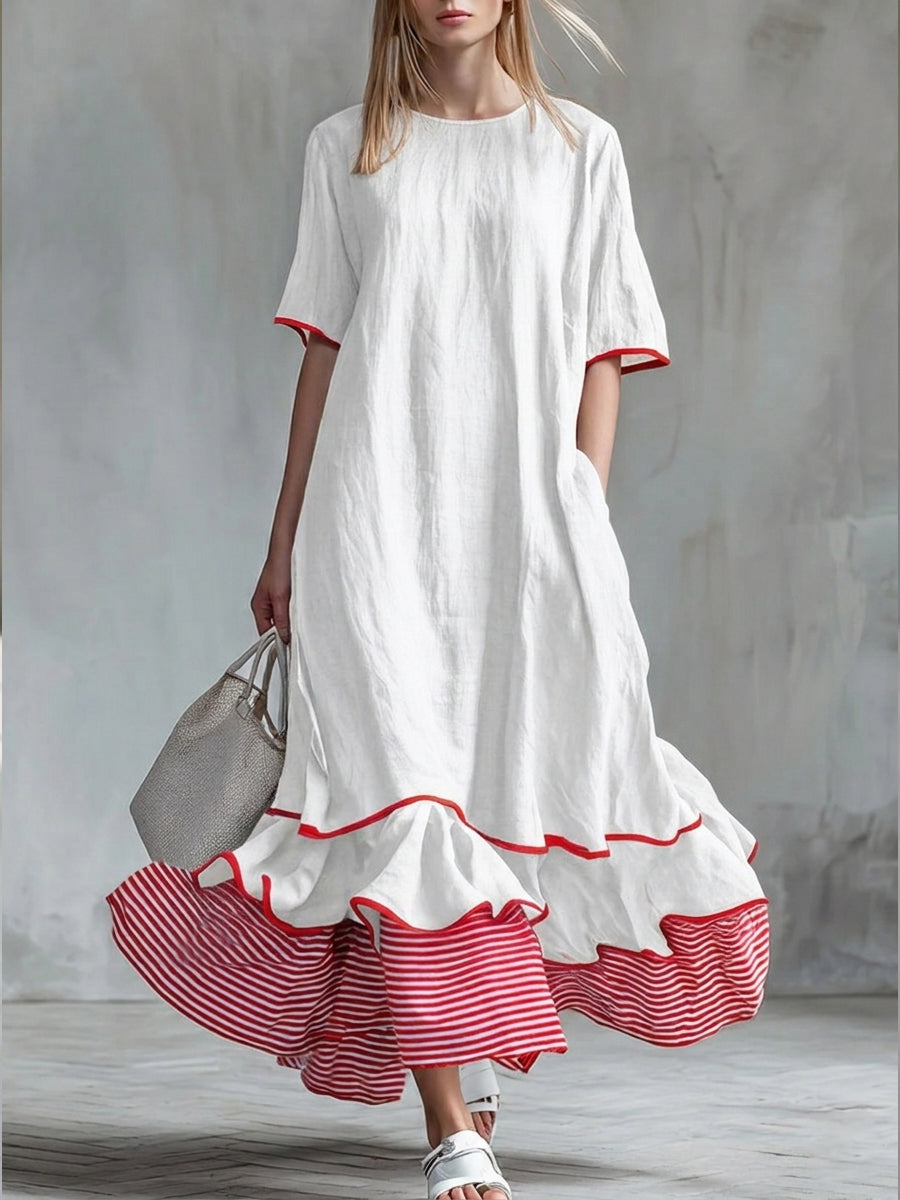🎁New Arrivals🔥Women’s Patchwork Striped Midi Dress – Casual Red Summer Dress
