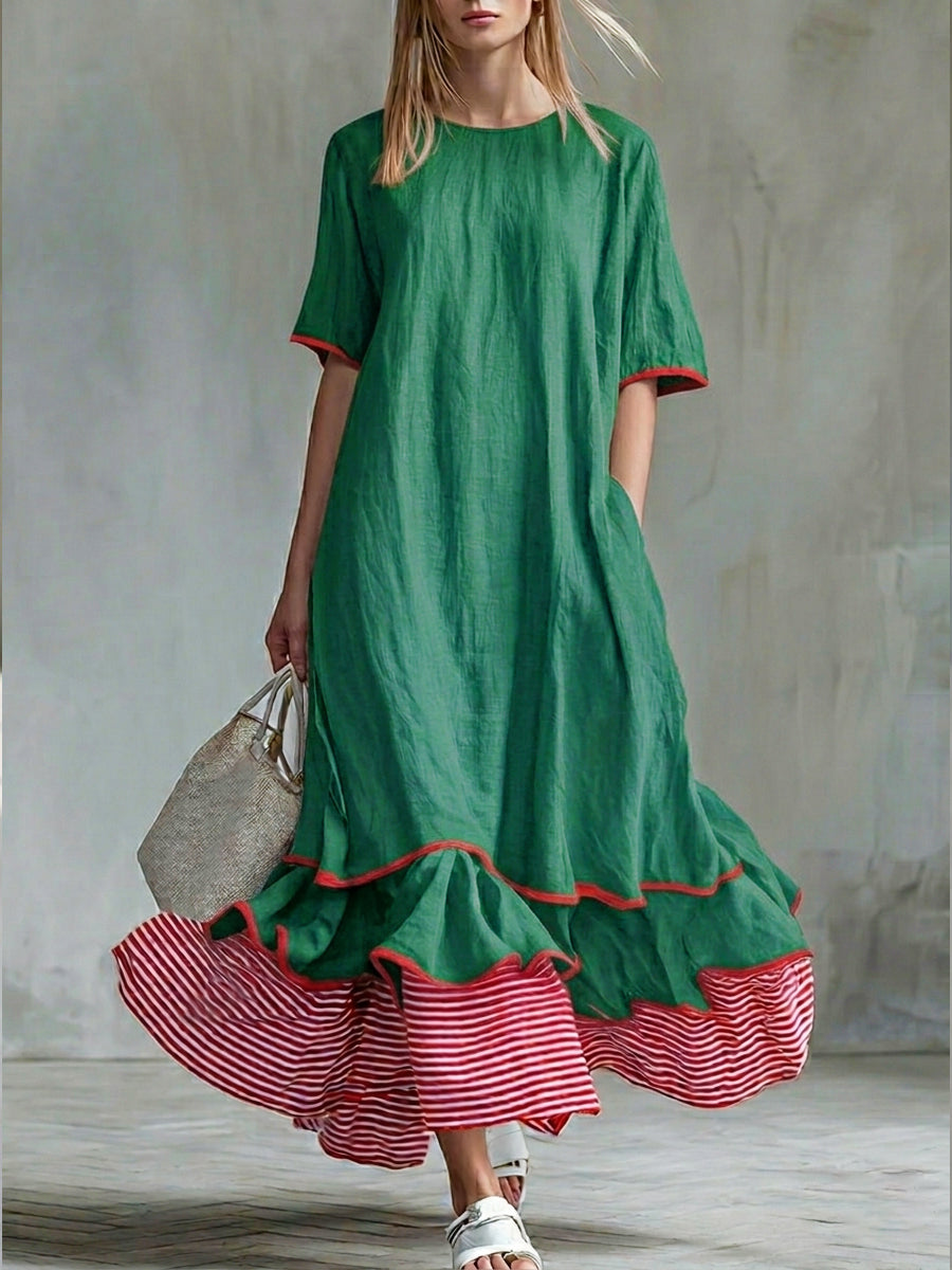 🎁New Arrivals🔥Women’s Patchwork Striped Midi Dress – Casual Red Summer Dress