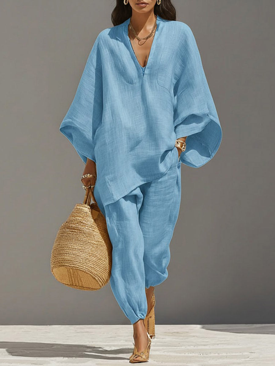 🎁New Arrivals🔥Women's Solid-Color V-Neck Long-Sleeve Relaxed-Fit Cotton-Linen Set