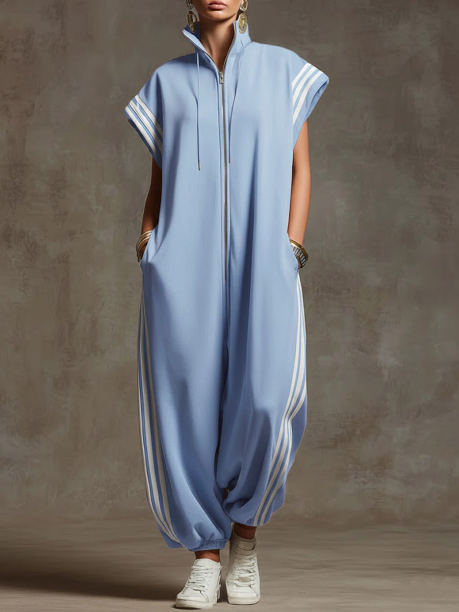 🎁New Arrivals🔥Women's Relaxed Stand-collar Short-sleeved Casual Loose Cotton Wide-leg Jumpsuit