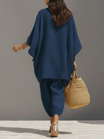 🎁New Arrivals🔥Women's Solid-Color V-Neck Long-Sleeve Relaxed-Fit Cotton-Linen Set
