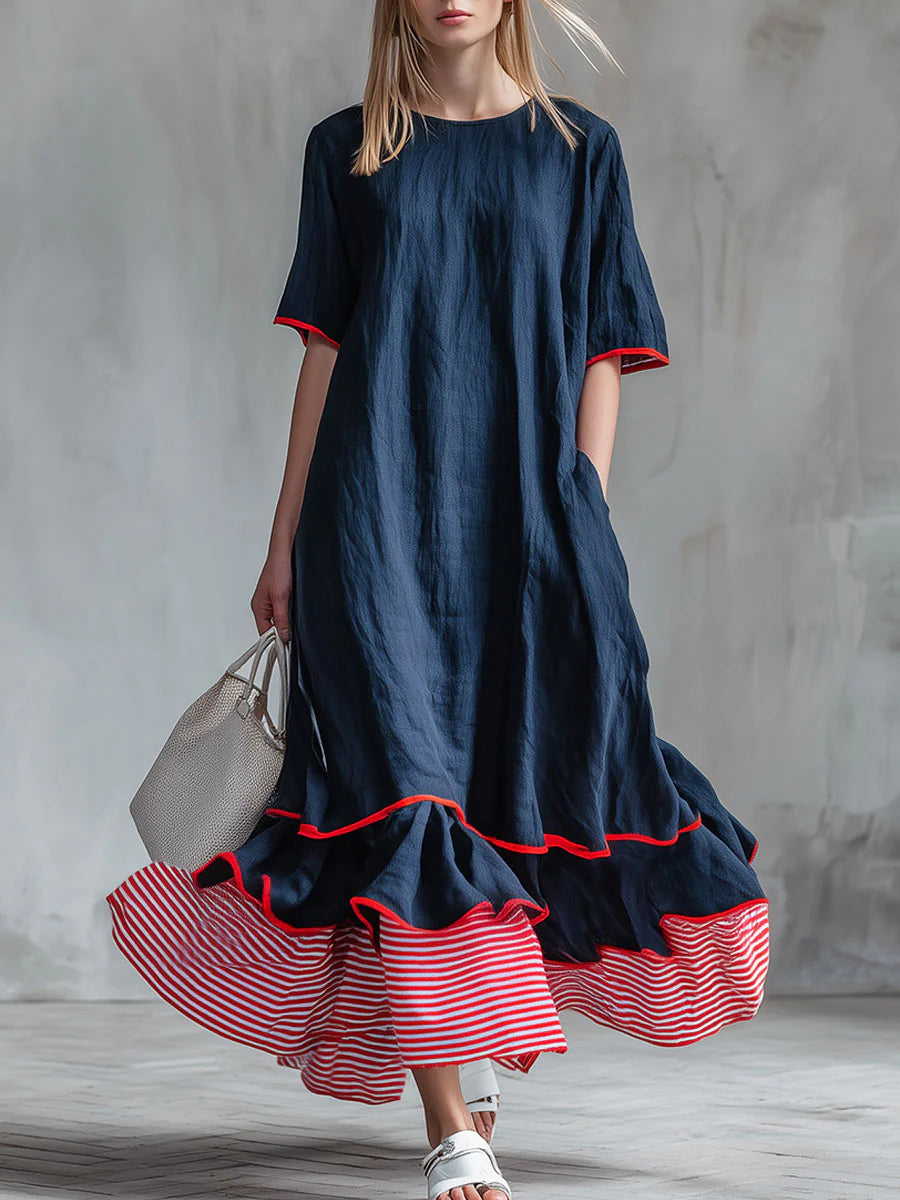 🎁New Arrivals🔥Women’s Patchwork Striped Midi Dress – Casual Red Summer Dress